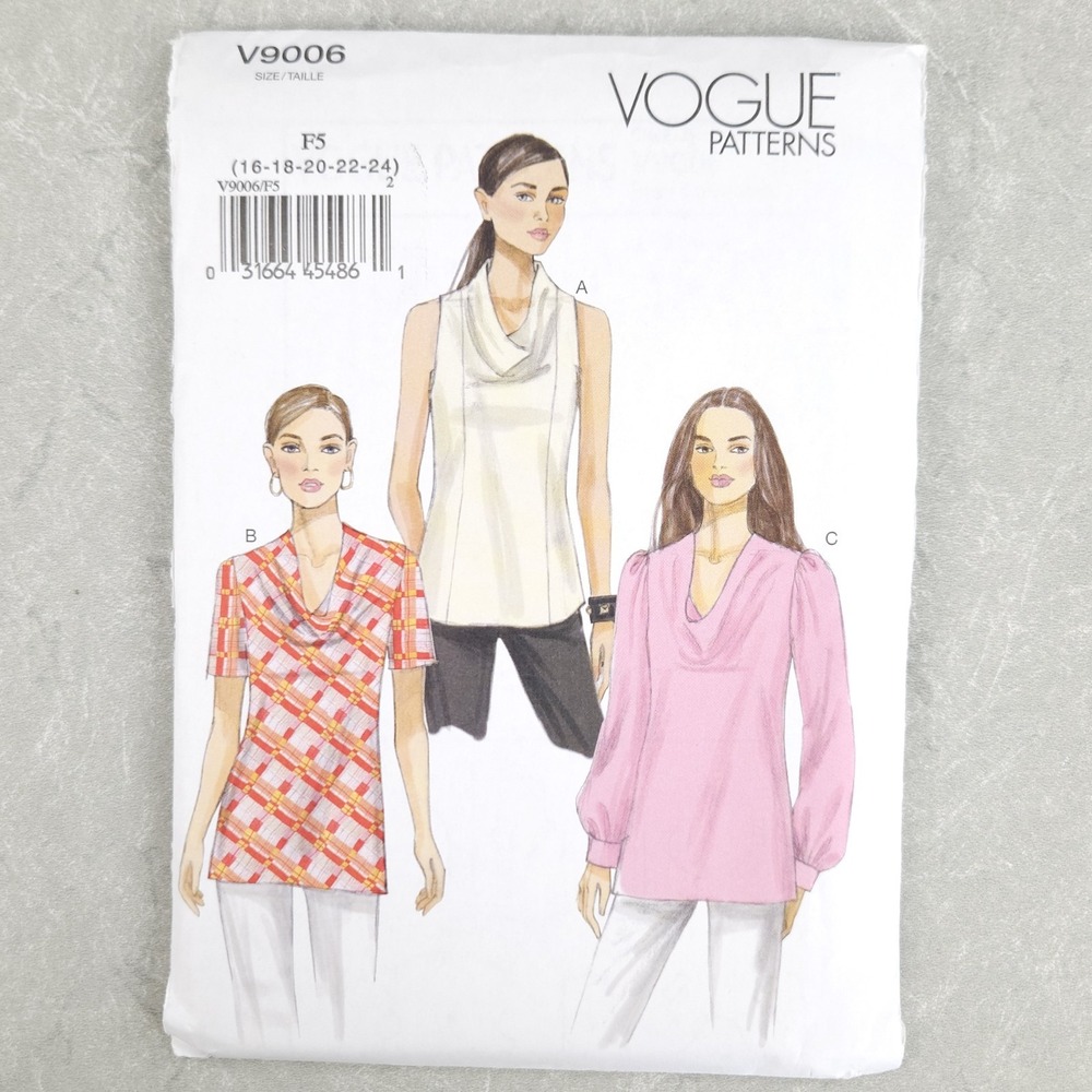 Vogue V9006 Cowl Neck Tops Sewing Pattern Easy Office Capsule Plus Size 16-24
